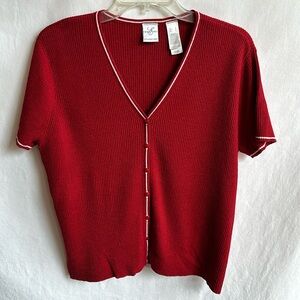Emma & James red short sleeve cardigan with cream trim, size L